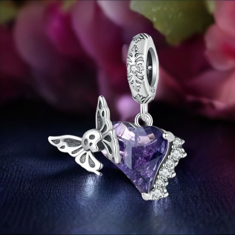 Dark Purple Stone Butterfly Skull CZ Sterliing Silver Pendant Charm